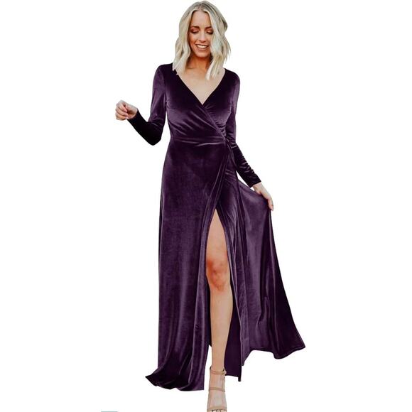 Fashion2Fashion Dresses & Skirts - Velvet Maxi wrap Prom Bridesmaid dress Purple Witchy vibes High slit Formal